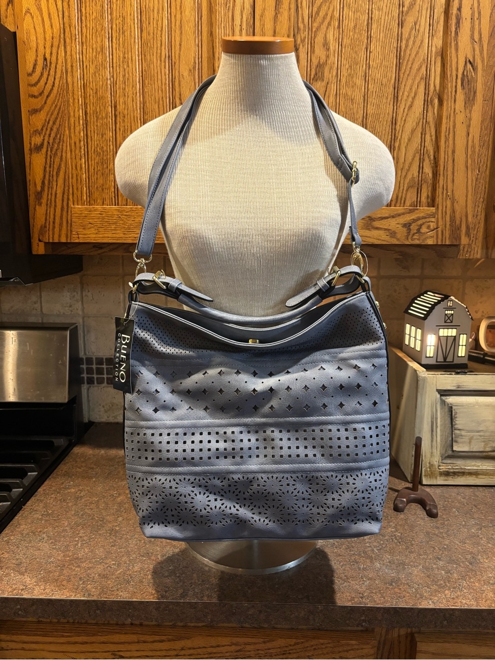 Bueno Perforated Shoulder Bag in Blue Gray